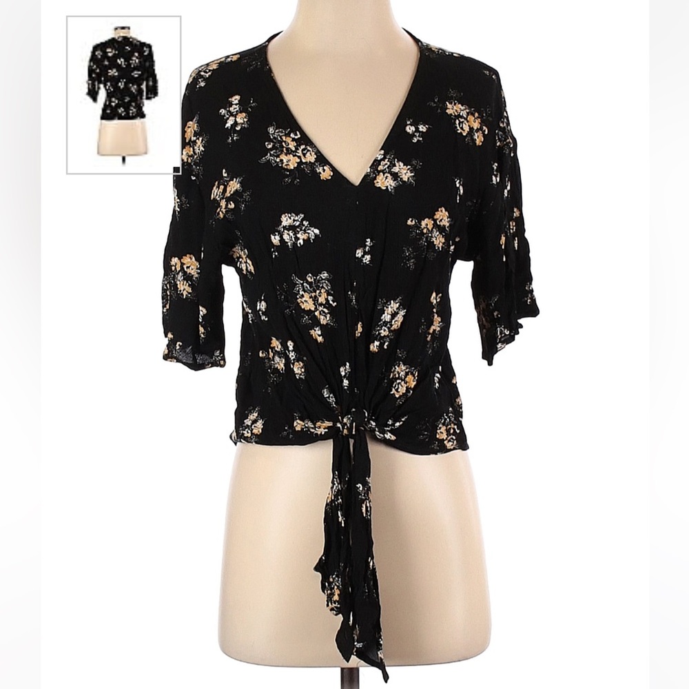 EUC LUQ Rayon Tie Front Floral Blouse Women’s Medium